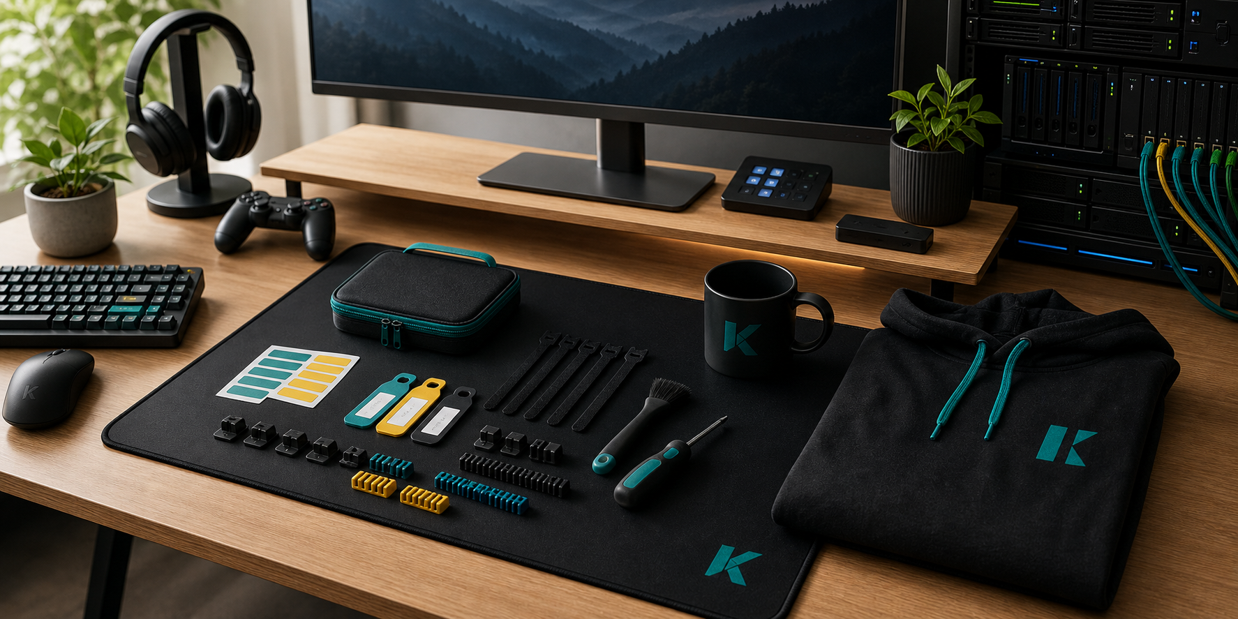 Organized desktop with media server gear and accessories